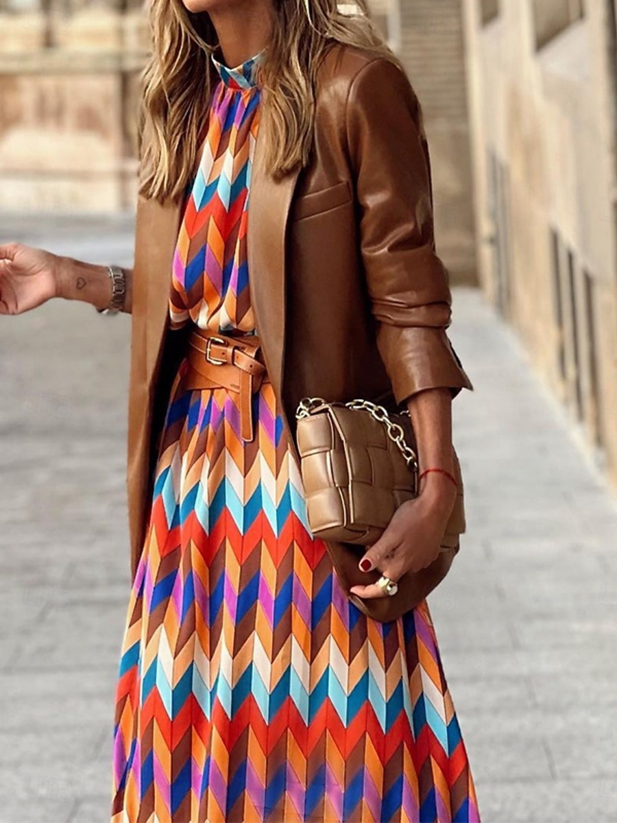 Pentru femei Rochii Midi Rochie casual Rochie A line Stilat Casual Vacanță Zilnic Fit regulat Geometric Manșon Lung Guler de stand Curcubeu Vară 2026 - $32.99 –P4