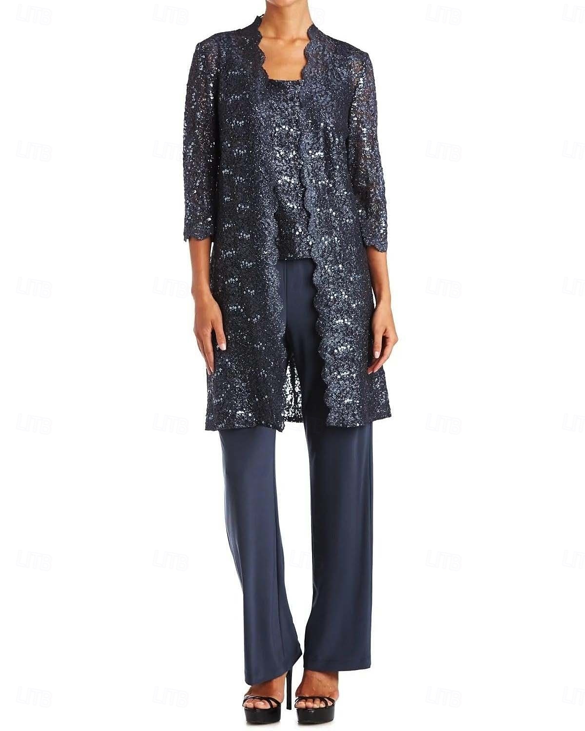 Tuta  Completo Mamma della Sposa Elegante Semplice Scollo a Gioiello Lunghezza Totale Chiffon Applicazione di Pizzo Sequins Manica 3/4 con Giacca con Bordo a Scallop Colore Unito 2025 del 2025 a $180.99 –P1
