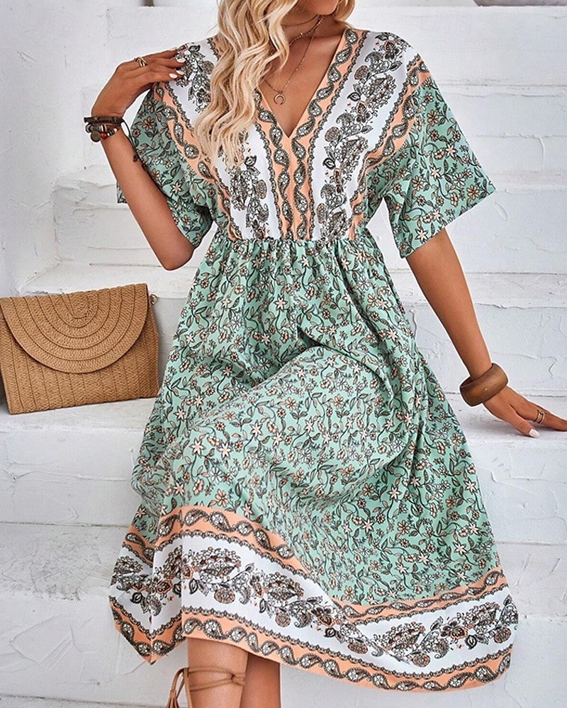 Femme robe longue Robe Trapèze Robe d'été robe boheme Elégant Hawaïen mode Vacances du quotidien Rendez-vous Standard Floral Manche Courte Col V Vert Eté de 2025 ? $25.99 –P1