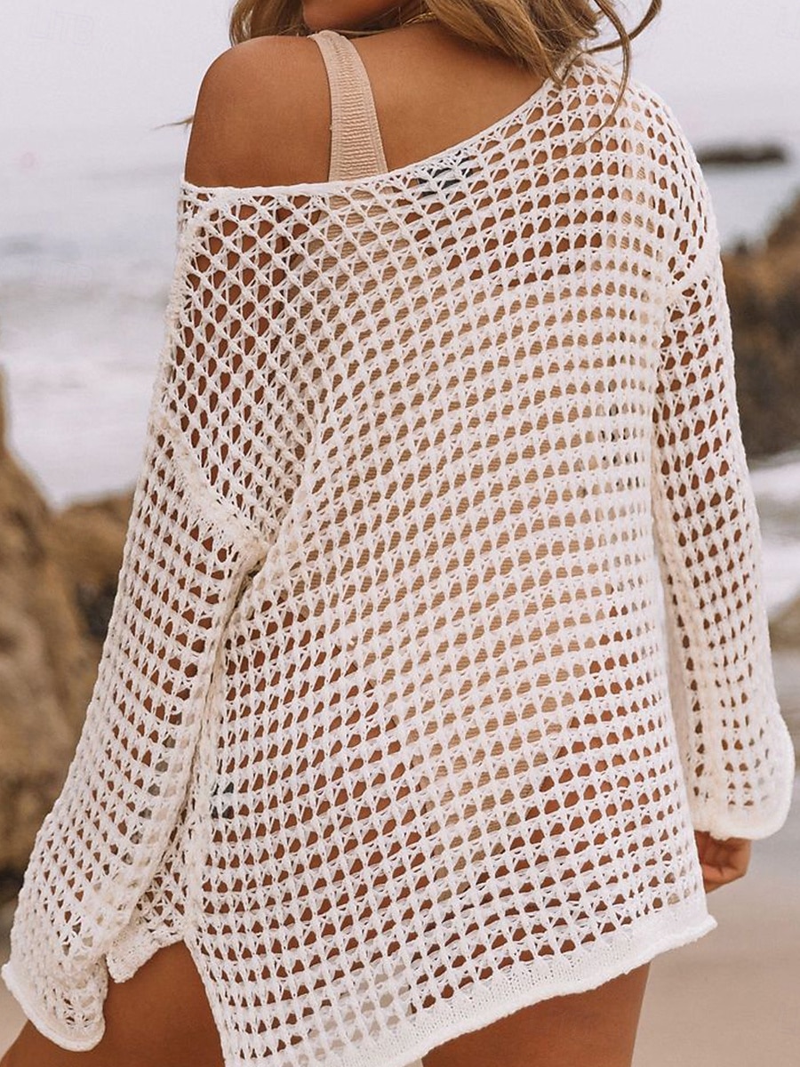 Women's Swimwear Cover Up Beach Dresses Swimsuit Lace Cut Out Vacation Beach Wear Plain Long Sleeve 2025 - $29.99 –P5