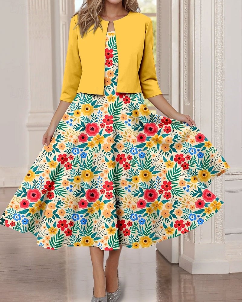 Dámské midi šaty dvoudílná souprava šatů tištěná šaty elegantní vintage květinový potisk 3/4 délka rukávu kulatý výstřih každodenní žluté jaro podzim běžný střih 2025 - $36.99 –P1