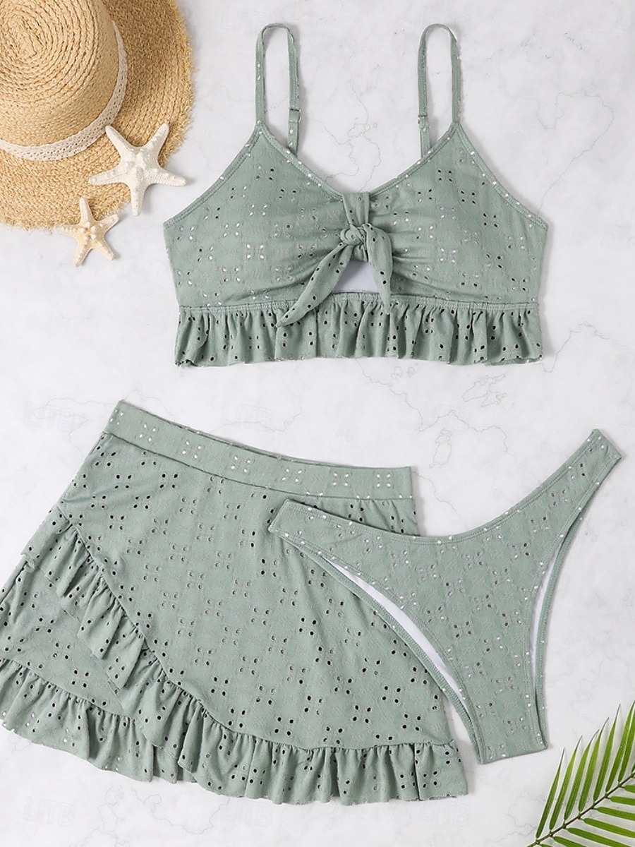 Dam Badkläder Bikini Tre delar Kjol Baddräkt Öppen rygg Smal Semester Standkläder Ensfärgat V-hals Ärmlös Baddräkter 2025 - $31.99 –P5