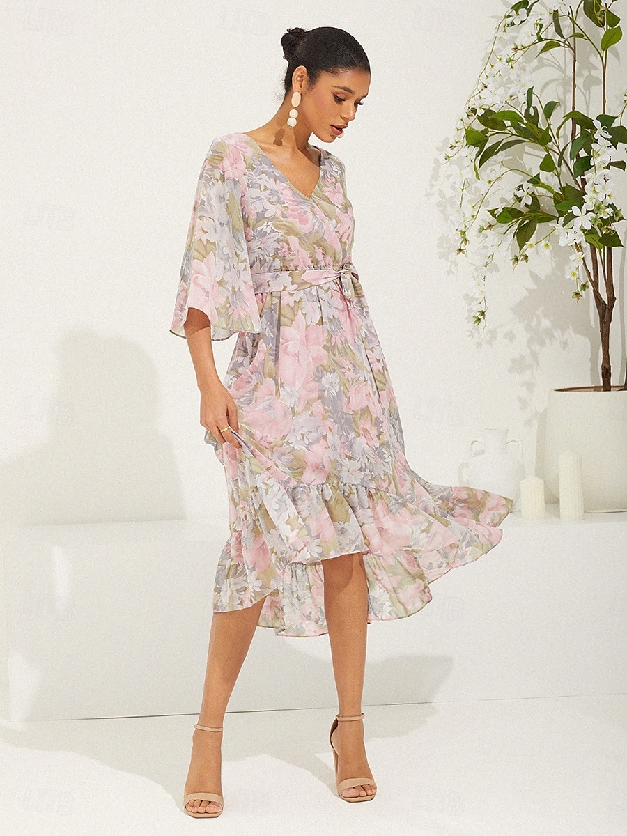 Damen kleid lang Chiffon-Kleid Elegant Stilvoll Flattrige Ärmel Hochzeit Urlaub Täglich Lockere Passform Blumen 3/4 Ärmel V Ausschnitt Rosa Sommer Frühling Herbst 2025 - $61.99 –P6