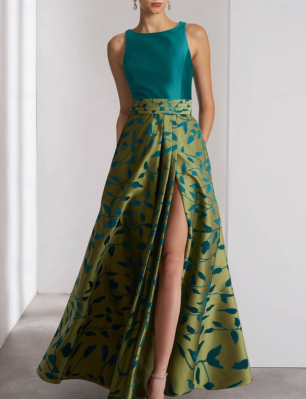 Vestido de Gala A-Line Floral Verde Vestido Elegante Formal Comprimento do Chão Sem Mangas Decote Halter com Bolsos Cetim com Bolso Vestido Derby Vestido de Dia de Corrida Vestido de Convidada para de 2025 por $188.99 –P4