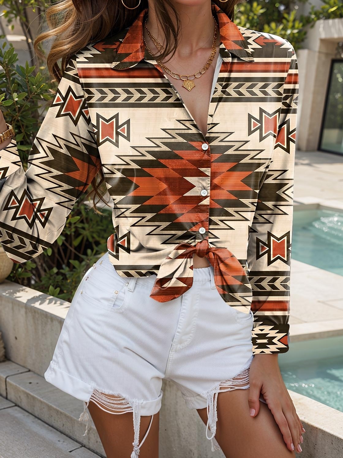 Women's Shirt Geometric Casual Long Sleeve Shirt Collar Regular Tops Daily Buttons Print Brown Spring Fall 2025 - $32.99 –P3