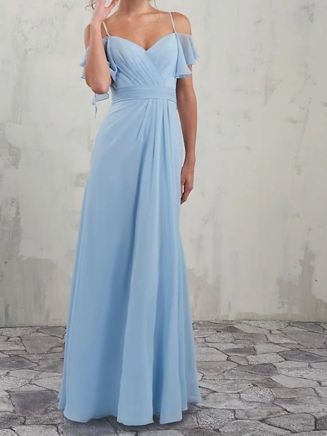 Linea-A Vestito da damigella A V / Con bretelline / Senza spalline Manica corta Elegante Lungo Chiffon / Elastene con A pieghe / Con balze / Drappeggio 2022 del 2025 a $162.99 –P1