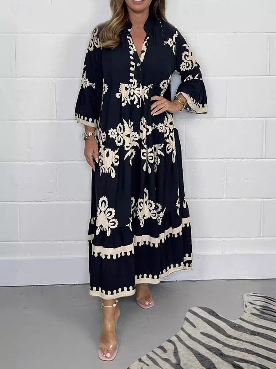 Dame Maxikjole Uformell kjole Boho elegante kjoler Boho-kjole Bohem Stilfull Fritid Feriereise Daglig Strand Løstsittende Grafisk 3/4 ermer V-hals Svart Rød Grønn Beige Sommer Vår 2025 - $34.99 –P5