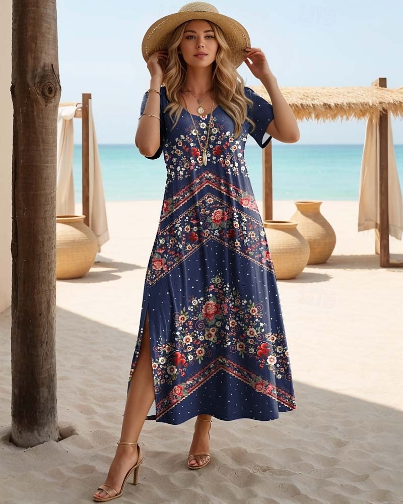 Rochie maxi pentru femei Rochie T-Shirt Rochie Tee Rochie de plajă Rochie în linie Rochie Bohemia Etno Vacanță Zi de naștere Sărbătoare Regular Fit Vintage Mâneci scurte Decolteu rotund Roșie 2025 - $23.99 –P1