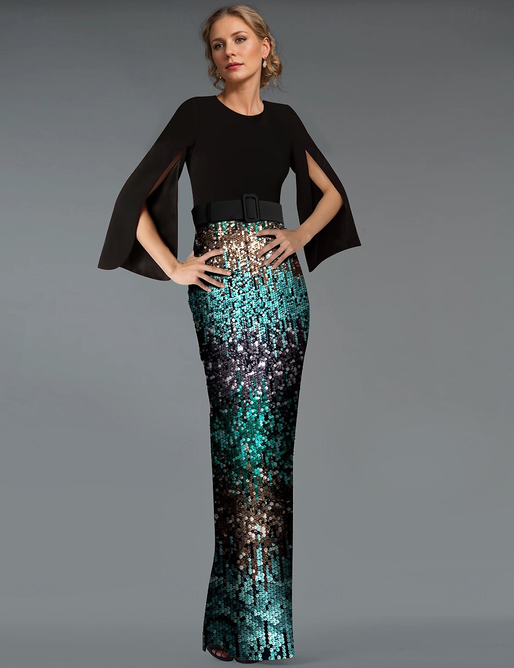 Meerjungfrau/Trompete Abendkleid elegantes Kleid Ombre formelle Partykleidung bodenlang Langarm V-Ausschnitt Gürtel/Schärpe mit Pailletten und Schlitz 2025 2025 - $205.99 –P1