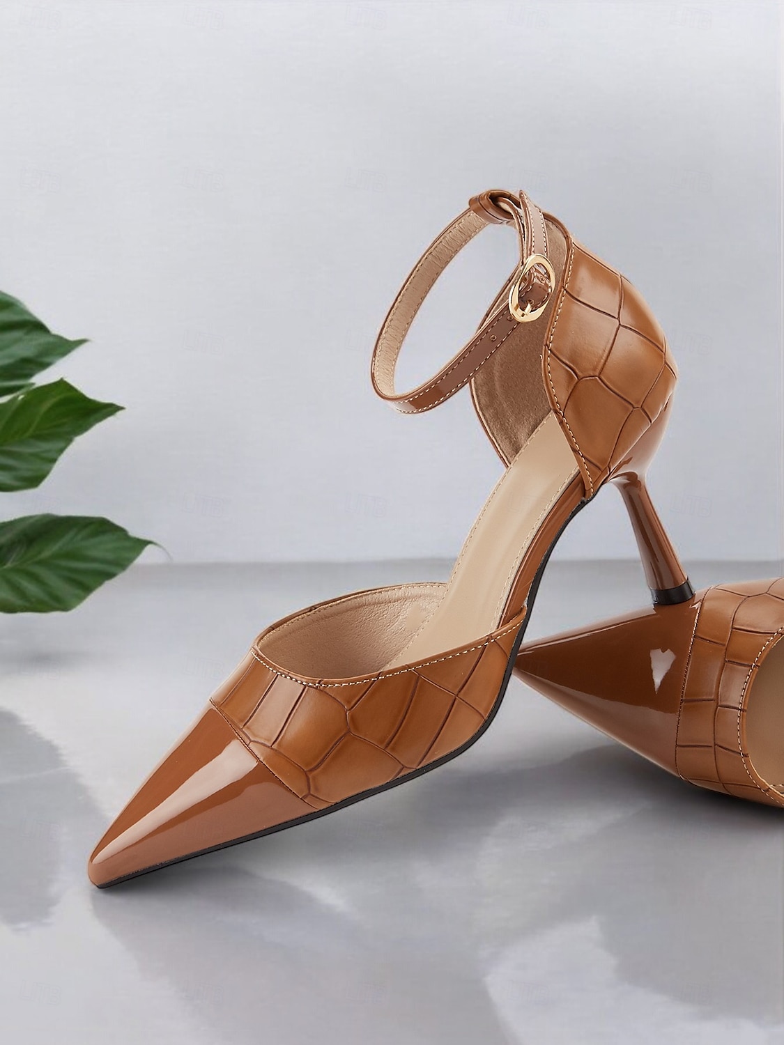 dámské hnědé sandály na vysokém podpatku s krokodýlím vzorem špičaté špičky s páskem kolem kotníku – elegantní společenské a kancelářské boty pro formální příležitosti 2025 - $34.99 –P5