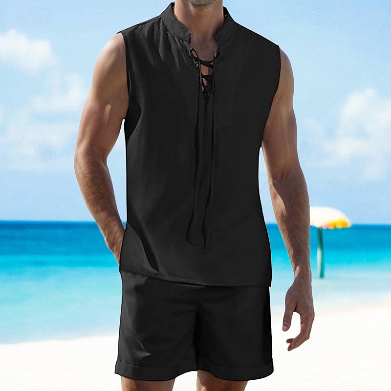 Per uomo 2 pezzi Completo di camicia Set estivo Set abbinati Abbigliamento mare Liscio Da mare Giornaliero Nero Bianco Blu marino Cachi Senza maniche Colletto Estate Abbigliamento del 2025 a $34.99 –P4