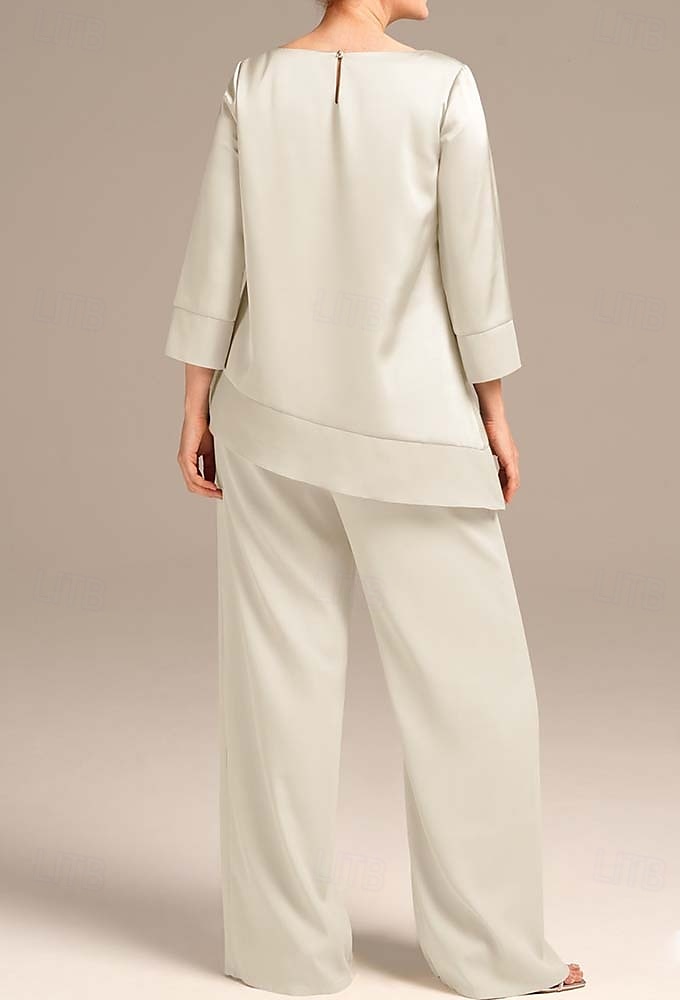 Overall  Hosenanzug Brautmutter Elegant Einfach Minimalistisch Boot-Ausschnitt Bodenlänglich Satin 3/4 Länge Ärmel Wrap enthalten mit Einfarbig 2025 2025 - $143.99 –P2