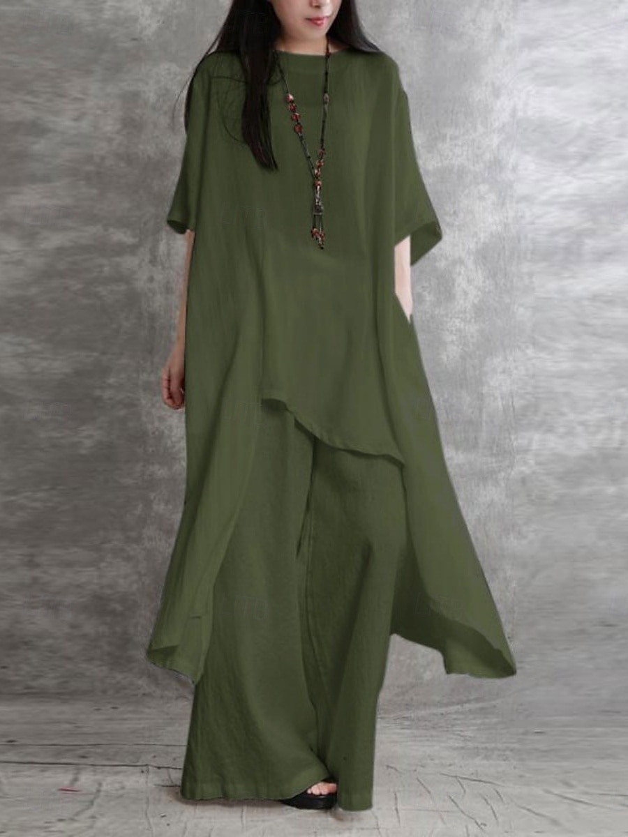 Per donna Moda Streetwear Quotidiano Camicia Set ispirati al lino Set da due pezzi Pantaloni a Gamba Larga Manica 3/4 Girocollo Semplice Casuale Quotidiano Nero Bianco Verde militare Primavera del 2025 a $35.99 –P9