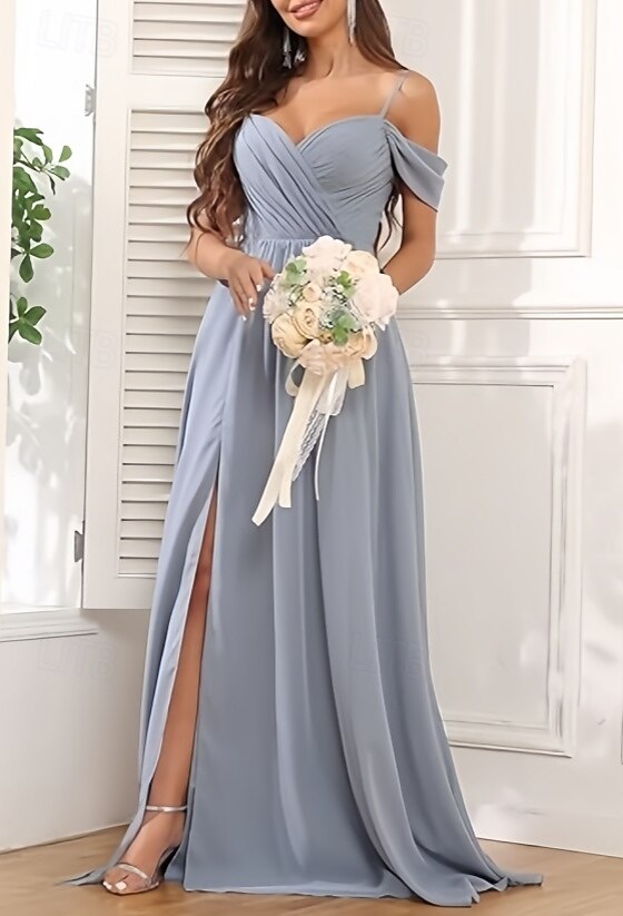 A-Line Bridesmaid Dress Sweetheart / Spaghetti Strap Short Sleeve Elegant Floor Length Chiffon with Draping / Split Front / Ruching 2025 - $154.99 –P3
