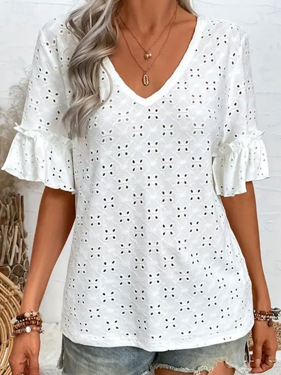 Women's White Elegant Lace Tops Eyelet Blouse Casual Plain Regular Tops Half Sleeve V Neck Eyelet Regular Fit Daily Weekend Romantic Petite Tops Summer Holiday Wear White Summer Spring 2025 - $21.99 –P1
