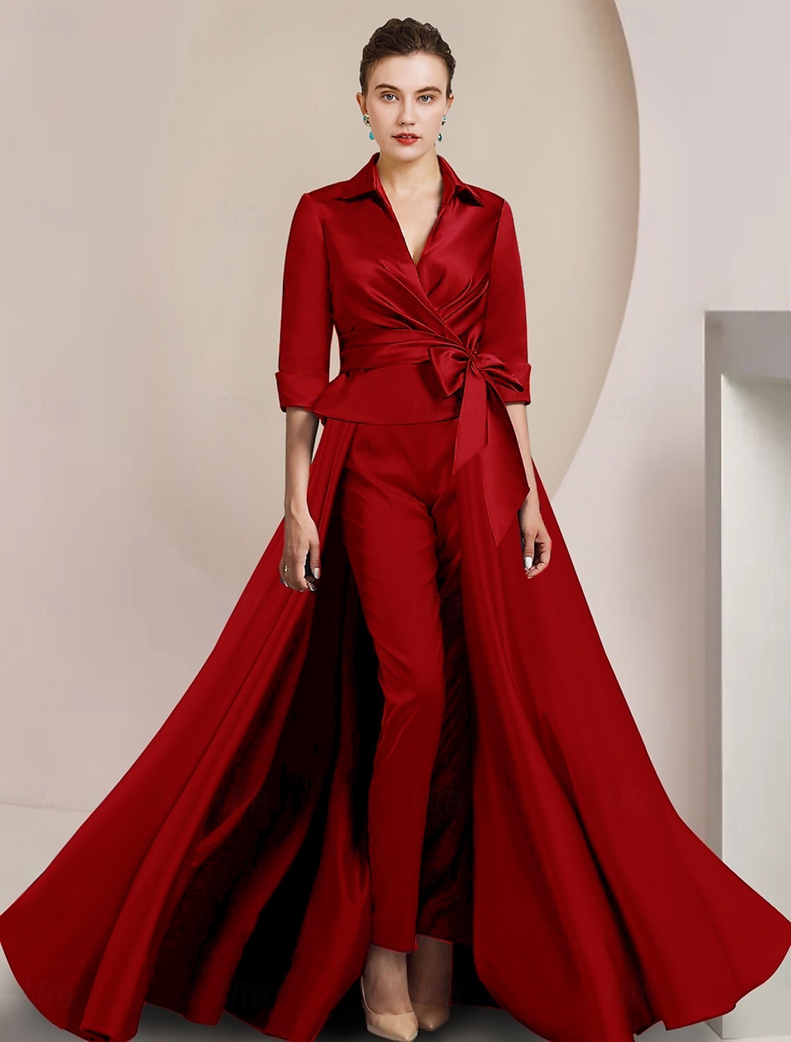 To-delt jumpsuit/buksedress mor til bruden formell bryllupsgjest elegant skjortekrage ankel lengde sateng halv erme med sløyfe(r) gratis tilpasset størrelse 2025 - $196.99 –P7