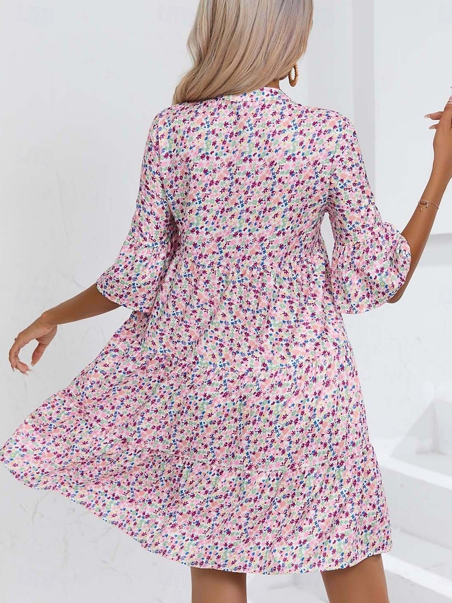 Damen Minikleid Casual kleid Boho Chic Kleider A Linie Kleid Boho-Kleid Böhmen Vintage Urlaub Täglich Regular Fit Blumen 3/4 Ärmel Gekerbter Hals Rosa Blau Sommer 2025 - $25.99 –P16