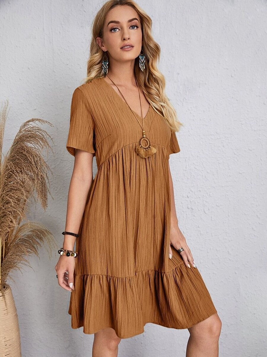 abito da lavoro da donna abito casual abito a trapezio elegante da ufficio quotidiano abito lungo abito lungo patchwork scollo a V manica corta tinta unita vestibilità regolare nero rosa rosso estate del 2025 a $21.99 –P9