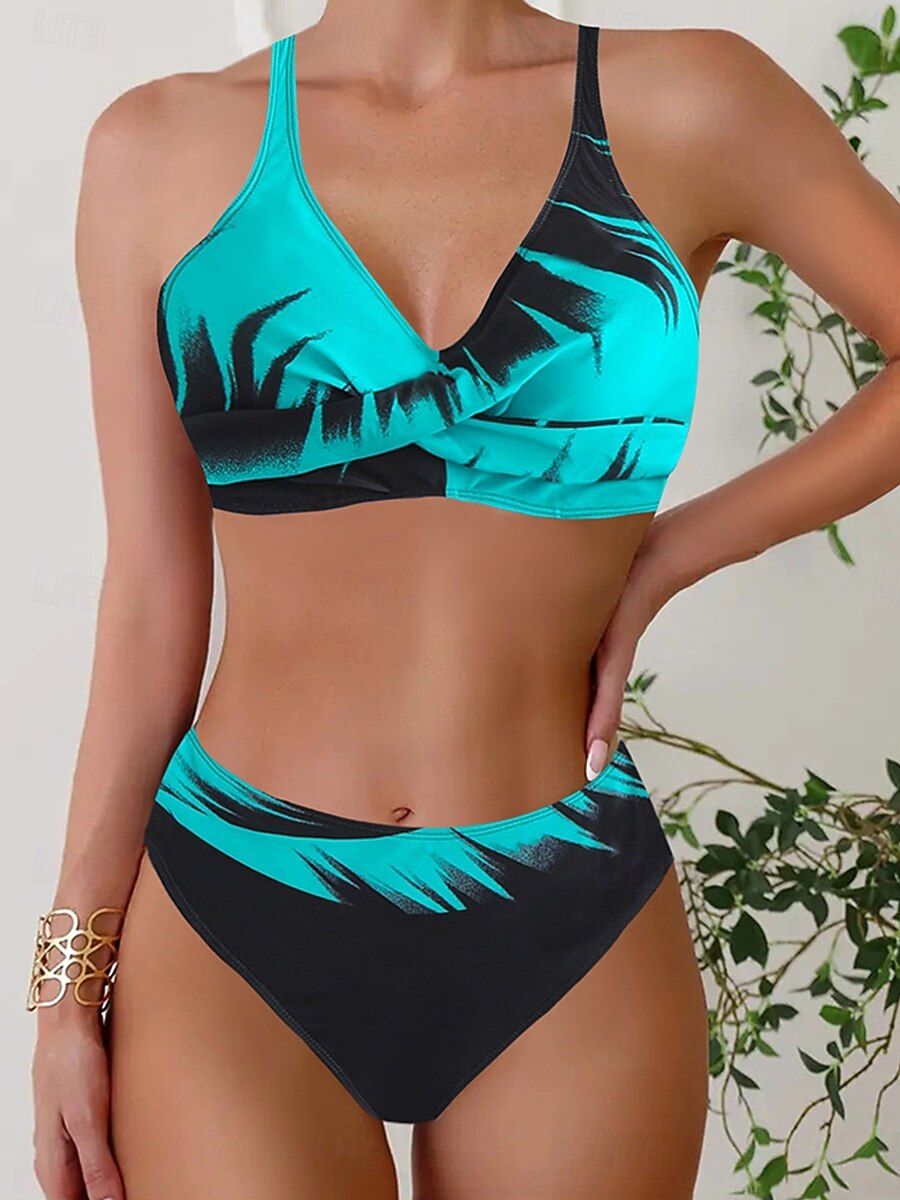 Dam Badkläder Bikini 2 st Kaxig Baddräkt Öppen rygg Smal Semester Standkläder Grafisk V-hals Ärmlös Baddräkter 2025 - $27.99 –P1