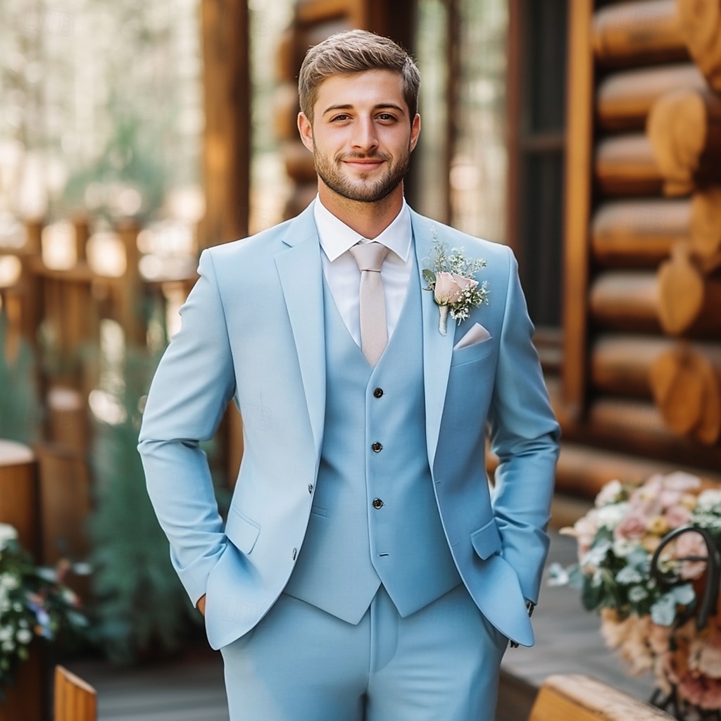 Trajes de Boda de Verano para Hombre en Azul Cielo Salvia Color Sólido Ajuste Estándar 3 Piezas De Un Solo Botón 2025 - $122.99 –P1