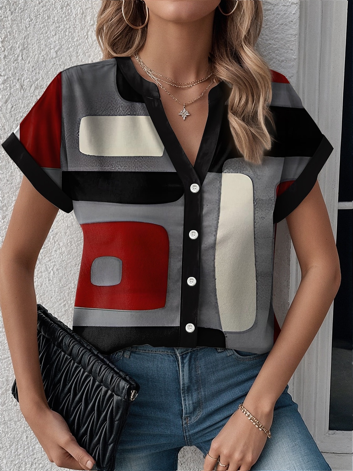 Women's Shirt Geometric Color Block Modern Casual Short Sleeve Notched Neck Regular Tops Work Daily Buttons Print Black Summer Spring 2025 - $29.99 –P1