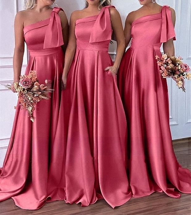 A-Linie Brautjungfernkleid Ein Schulter Ärmellos Elegant Bodenlang Satin mit Schleife(n) 2025 - $171.99 –P3