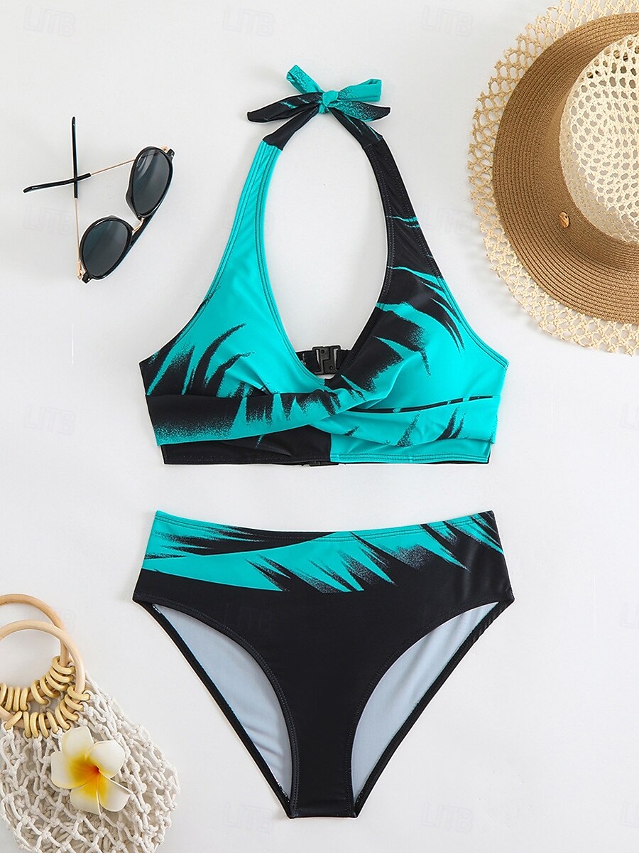 Dam Badkläder Bikini 2 st Kaxig Baddräkt Öppen rygg Smal Semester Standkläder Grafisk V-hals Ärmlös Baddräkter 2025 - $27.99 –P2