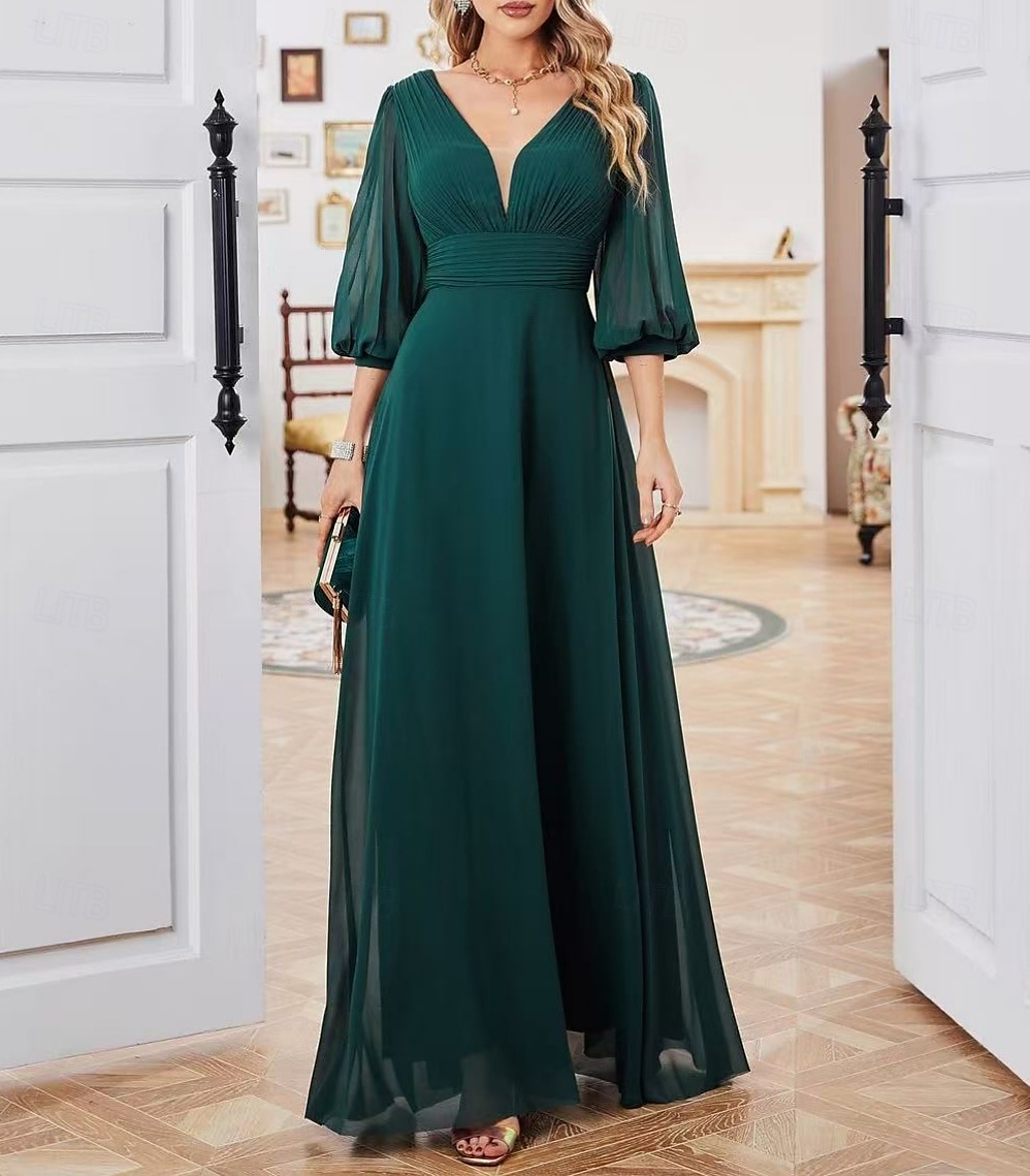 A-Line Bridesmaid Dress V Neck 3/4 Length Sleeve Elegant Floor Length Chiffon / Spandex with Draping / Ruching / Solid Color 2025 - $162.99 –P1