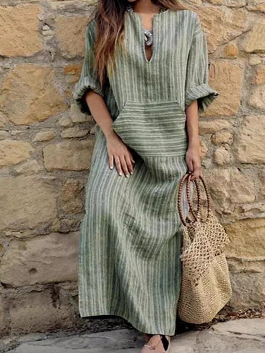 Damen Normal Maxikleid Baumwoll-Leinen-Kleider Vintage-Kleid Stilvoll Lässig Arbeit Täglich Lässiger Schnitt Gestreift Langarm V Ausschnitt Rote Grün Grau Frühling Herbst 2025 - $22.99 –P3