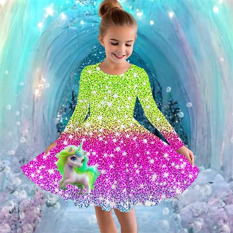 Mädchen' 3D Graphic Einhorn Kleid Langarm Sommer Frühling Urlaub Täglich Festtage Prinzessin Schön Süß kinderkleidung 4-12 Jahre Casual kleid A Linie Kleid Knielang Regular Fit 2025 - $16.99 –P2