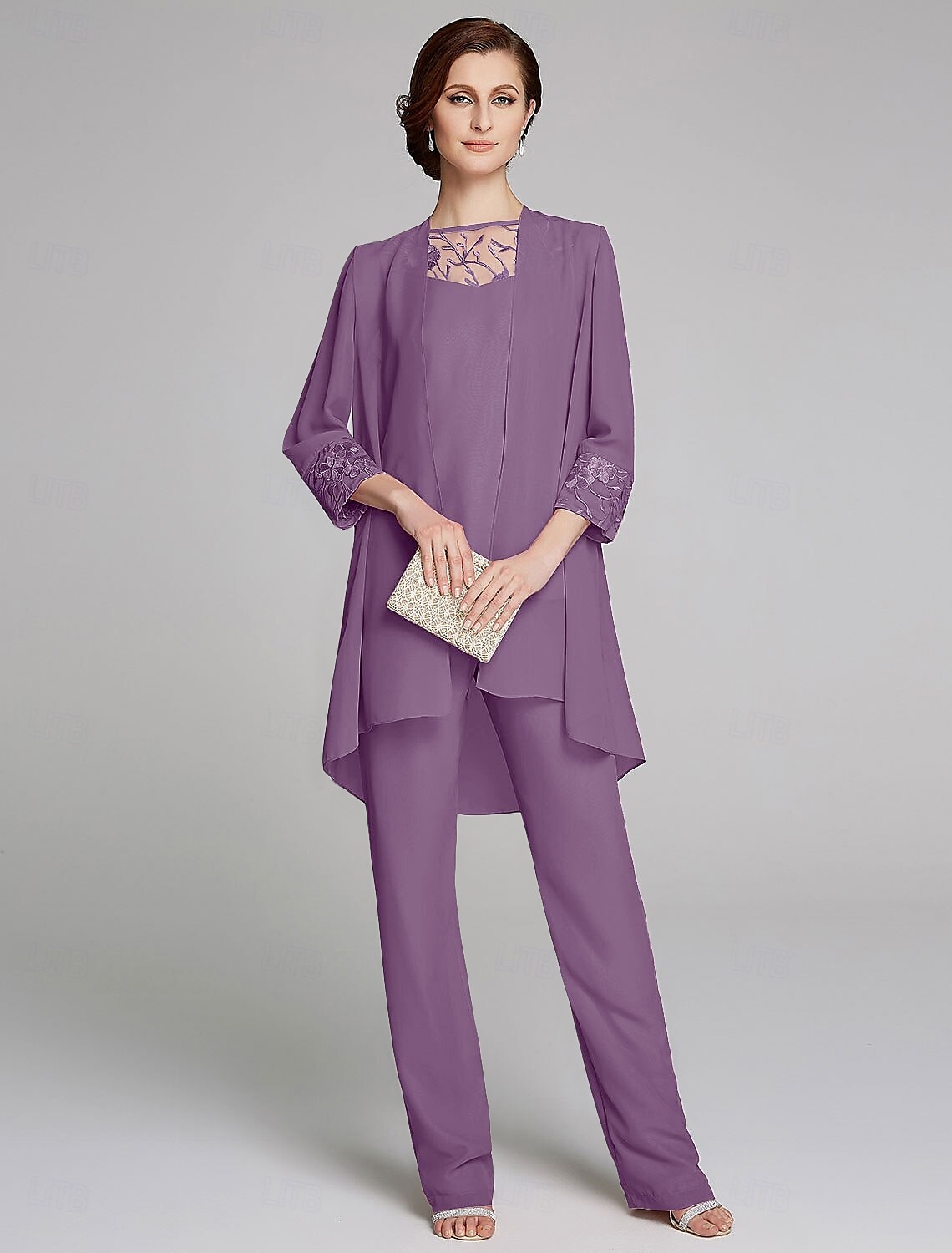 Jumpsuit  Pantssuit Moeder van de Bruid Formele Bruiloft Gast Wrap Inbegrepen Juweel Hals Vloerlengte Chiffon Kant 3/4 Lengte Mouw met Pailletten 2025 gratis op maat 2025 - $155.99 –P8