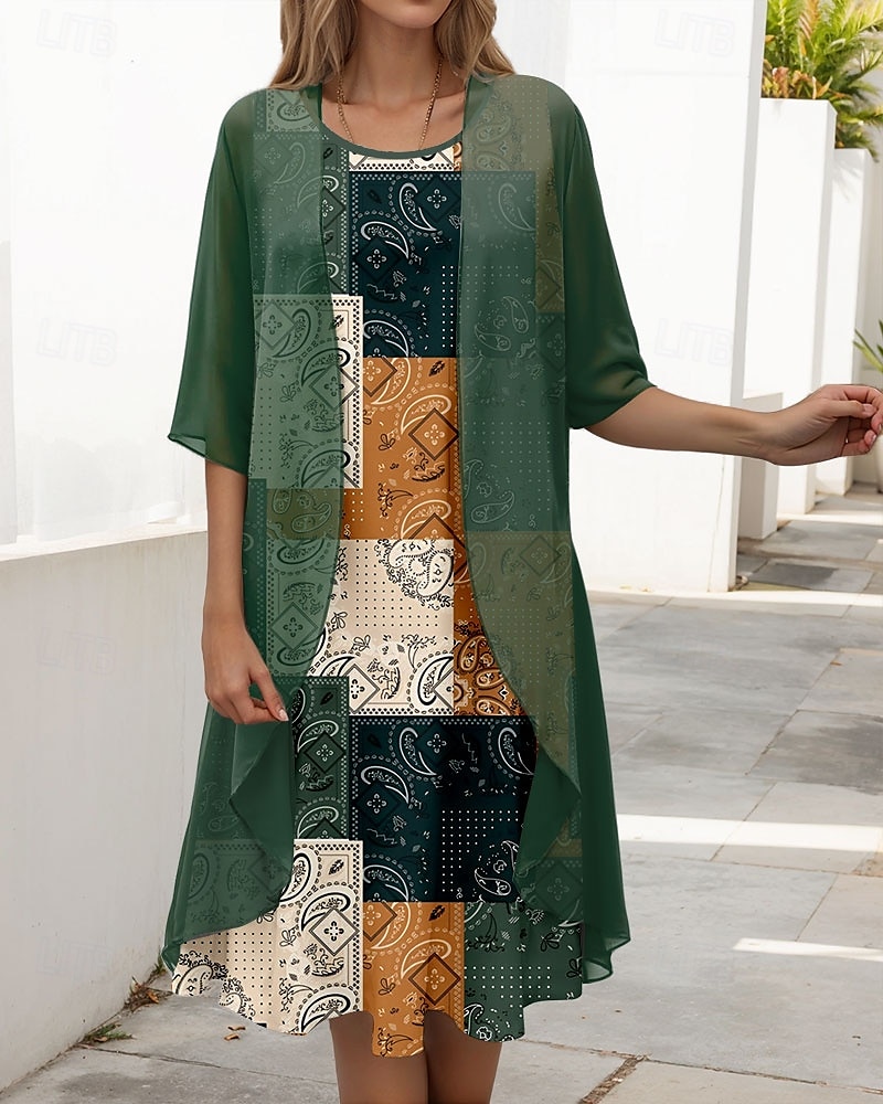 Women's Graduation Dress Midi Dress Two Piece Dress Set Shift Dress Chiffon Dress Elegant Vintage Paisley Color Block Print Half Sleeve Crew Neck Daily Dark Green Summer Spring Loose Fit 2025 - $36.99 –P1