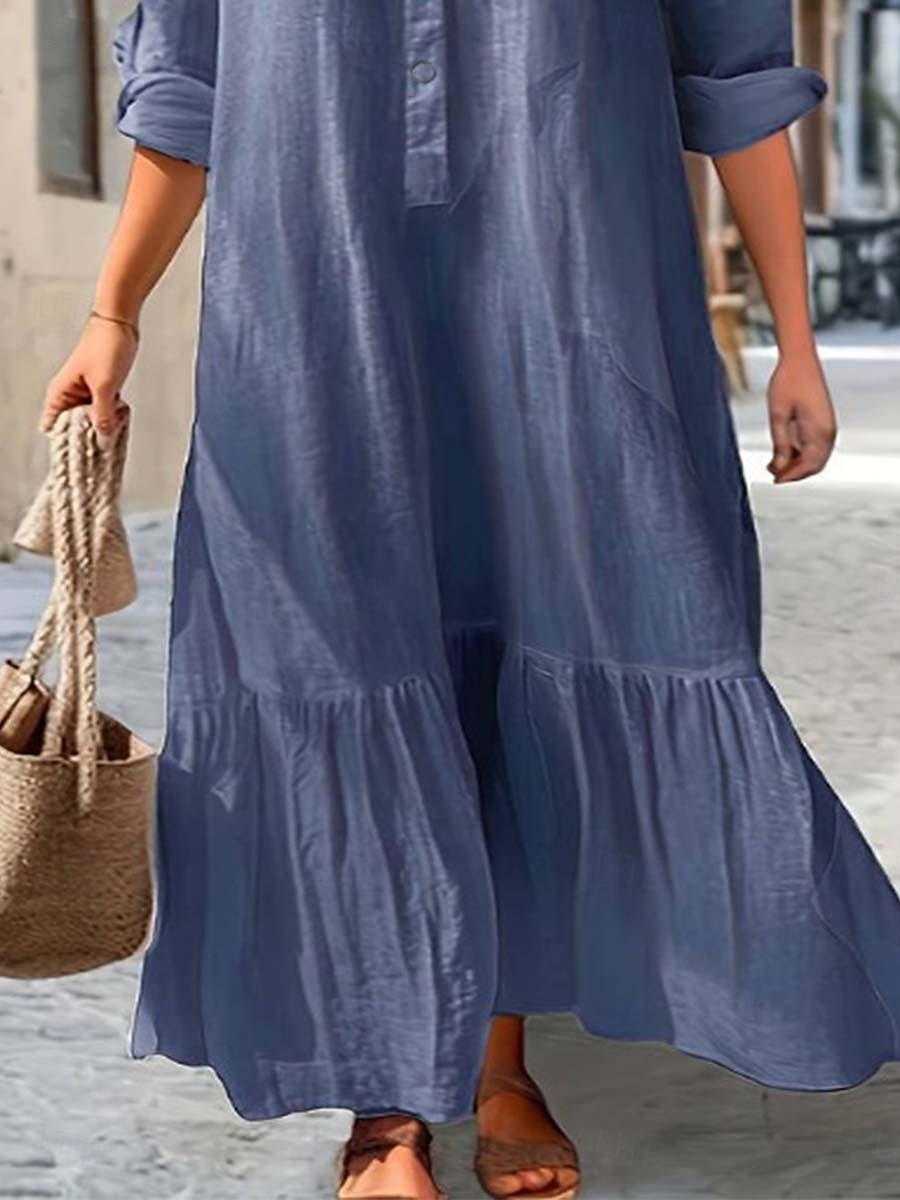 Damen Langes Kleid Maxikleid Leinen-inspirierte Kleider Hawaiianisch Normale Passform Einfarbig Langarm Hemdkragen Fügen Sie Königsblau hinzu Kaki Sommer Frühling 2025 - $26.99 –P3