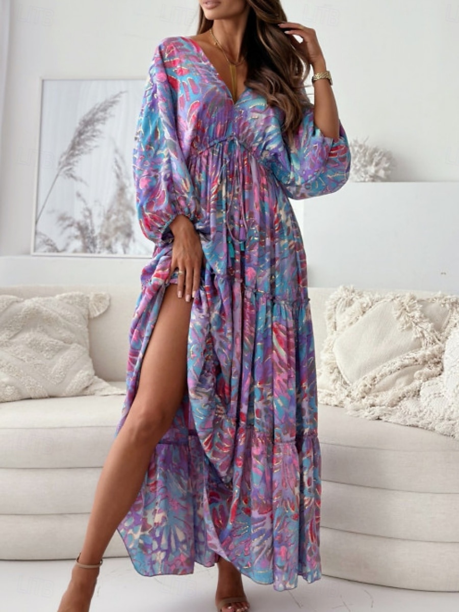 Dame Maxikjole Uformell kjole Swingkjole Boho elegante kjoler Bohem Fritid Feriereise Daglig Løstsittende Blomstret Batikkfarget 3/4 ermer V-hals Lys Lilla Grønn Sommer Vår 2025 - $33.99 –P8