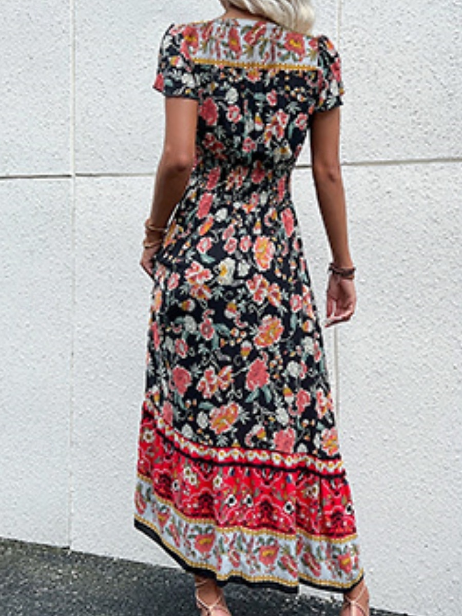 Dam Maxiklänning Vardagsklänning Swingklänning Boho Chic klänningar A linjeklänning bohemliv Stylish Ledigt Semester Dagligen Strand Lös passning Blommig Kortärmad V-hals Svart Rubinrött Sommar Vår 2025 - $33.99 –P2
