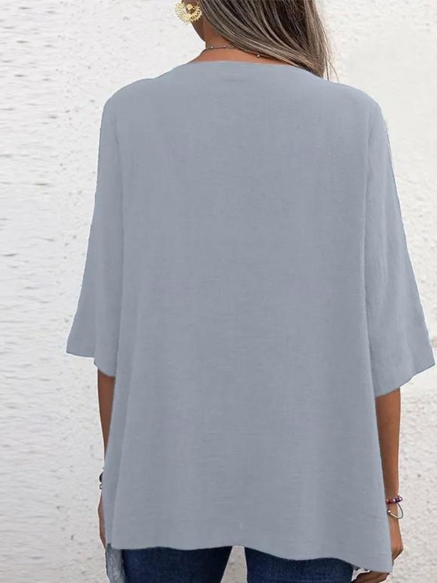 Women's Blouse Solid Color Elegant Stylish Casual Short Sleeve Crew Neck Regular Tops Work Daily Going out Asymmetric Hem Dusty Blue Gray Summer Spring 2025 - $26.99 –P6