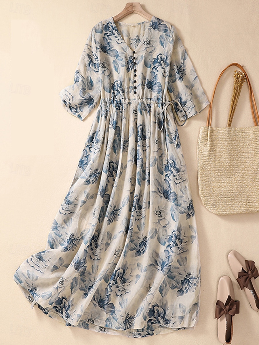 Damen Maxikleid Baumwoll-Leinen-Kleider Freizeitkleid Schwingkleid Maxikleid aus Baumwolle Basic Lässig Urlaub Täglich Normale Passform Blumen Kurzarm V Ausschnitt Khaki Sommer 2025 - $32.99 –P1