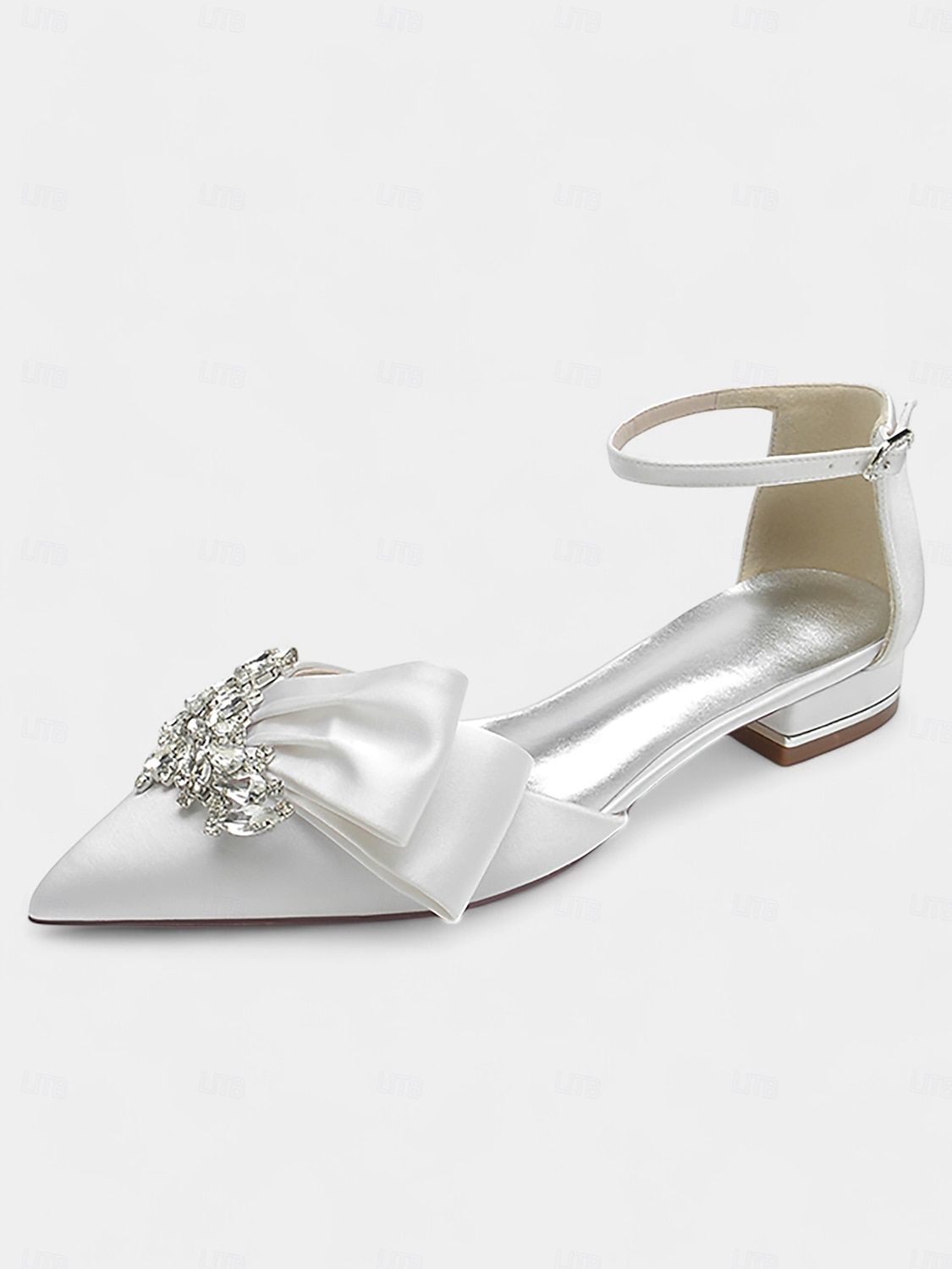 weiße Satin-Pumps mit spitzer Spitze, Strass-Schleife und Fesselriemchen – perfekte Brautschuhe für Hochzeiten 2025 - $64.99 –P2