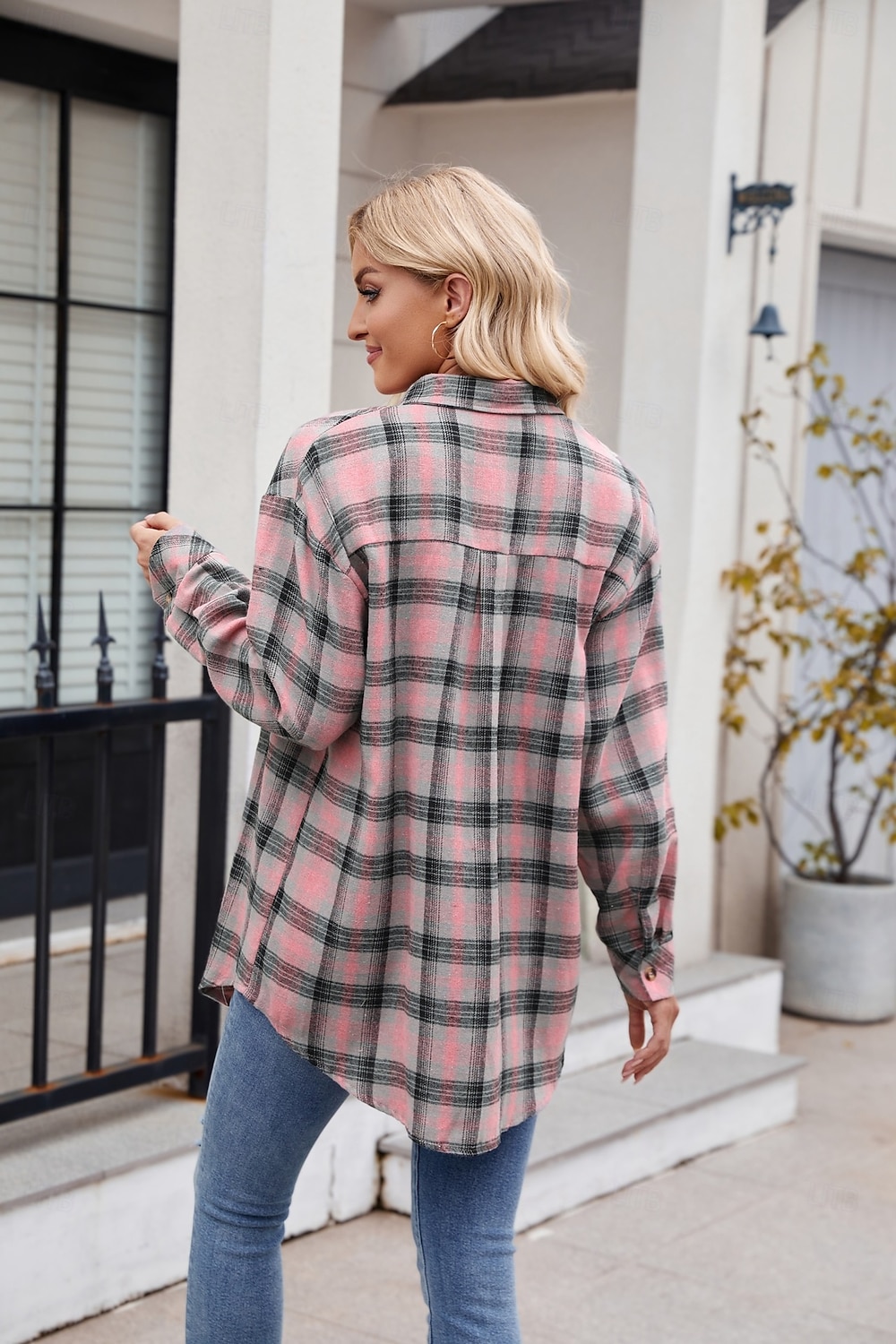 Women's Shirt Boho Shirt Dressy Tops Plaid Casual Boho Long Sleeve Bishop Sleeve V Neck Long Tops Work Daily Going out Pink Dusty Blue Purple Khaki Dark Gray Spring Fall 2025 - $25.99 –P17