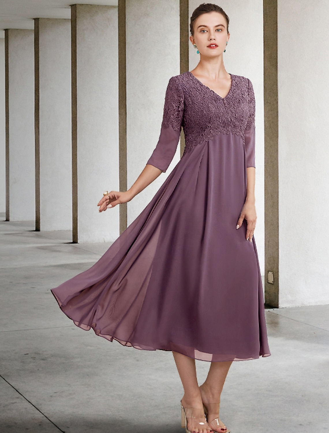 Abito per la madre della sposa A-Line invitata a un matrimonio elegante taglie forti scollo a V lunghezza tè in chiffon pizzo manica 3/4 con ruches applicazioni 2025 taglia personalizzata gratuita del 2025 a $167.99 –P8