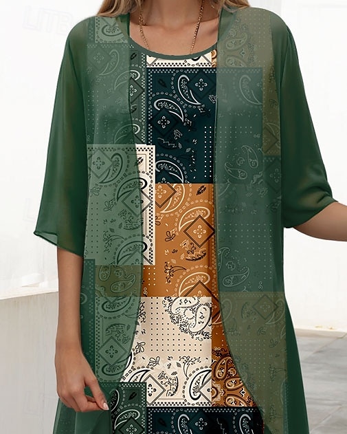 Women's Graduation Dress Midi Dress Two Piece Dress Set Shift Dress Chiffon Dress Elegant Vintage Paisley Color Block Print Half Sleeve Crew Neck Daily Dark Green Summer Spring Loose Fit 2025 - $36.99 –P2