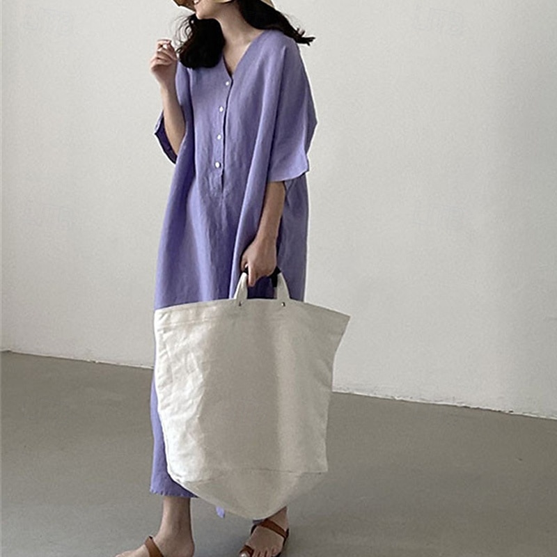 Women's Long Dress Maxi Dress Linen-Inspired Dresses Casual Dress Stylish Ethnic Casual Vacation Daily Date Regular Fit Plain Half Sleeve V Neck Purple Summer Spring 2025 - $28.99 –P5