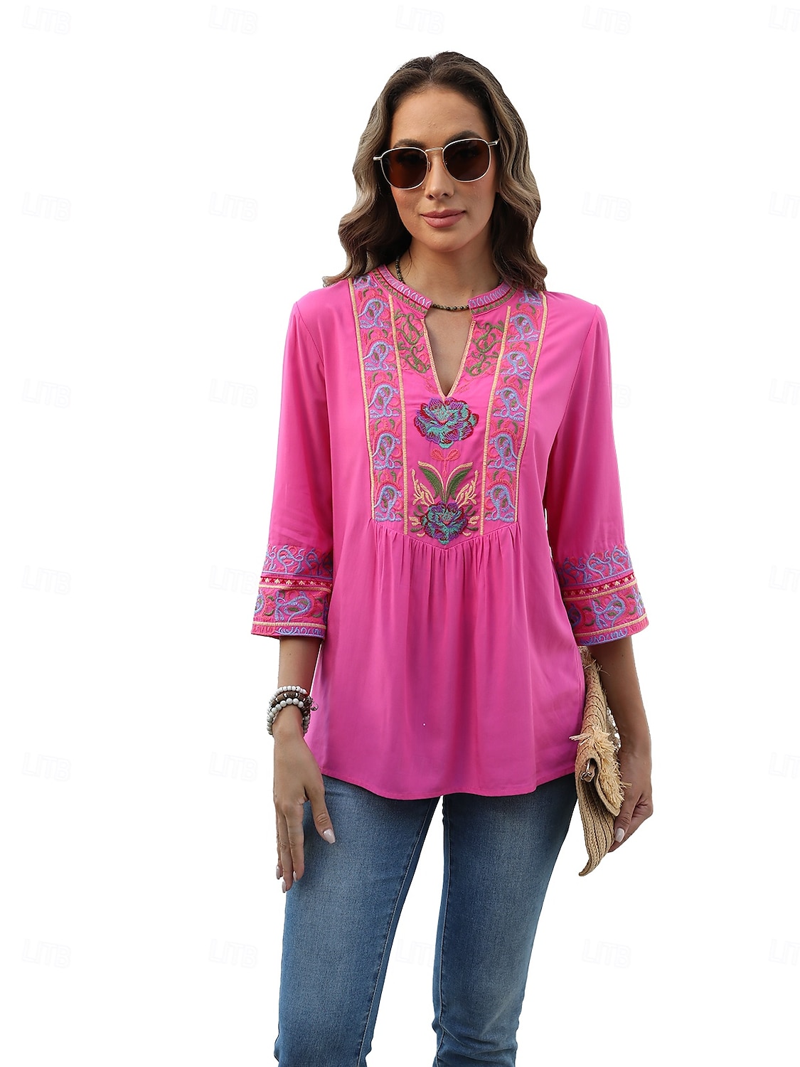 Pentru femei Cămașă Boho Boemia Zilnic Stilat Floral Simplu Topuri obișnuite Lungime Manșon 3/4 Cu Mâneci La Cot În V Brodat Potrivire Largă Muncă Zilnic Ieșire Negru Roz trandafiriu Vară 2025 - $33.99 –P6