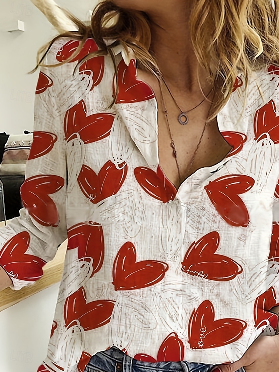Camisa de mujer corazón diaria estilosa de manga larga con cuello de camisa tops largos diarios para salir botones estampados rojos verano primavera 2025 - $32.99 –P2