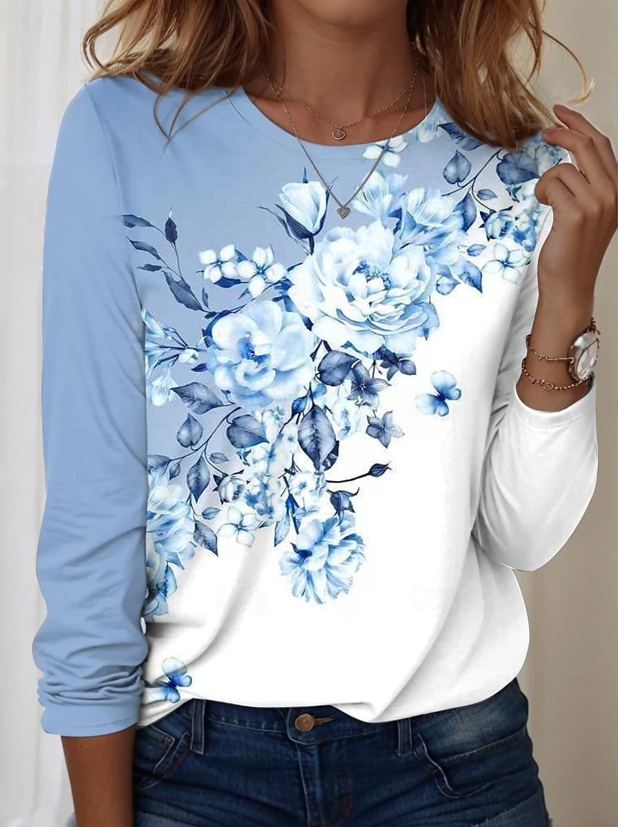 Women's T shirt Long Sleeve Crew Neck Long Sleeve Tunic Floral Graphic Casual Regular Tops Daily Print Sky Blue Spring Fall Prefall 2025 - $22.99 –P1