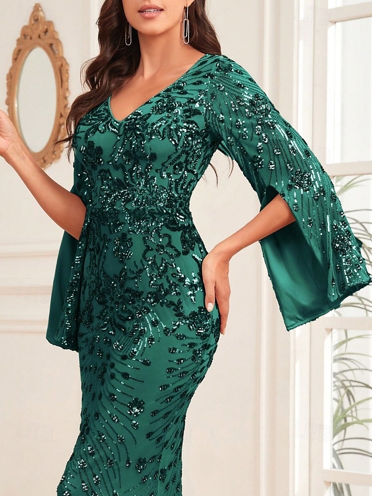 Vestido de Sereia de Noite Vintage Formal Casamento Comprimento do Chão Manga Longa Decote em V com Apliques de 2025 por $129.99 –P6