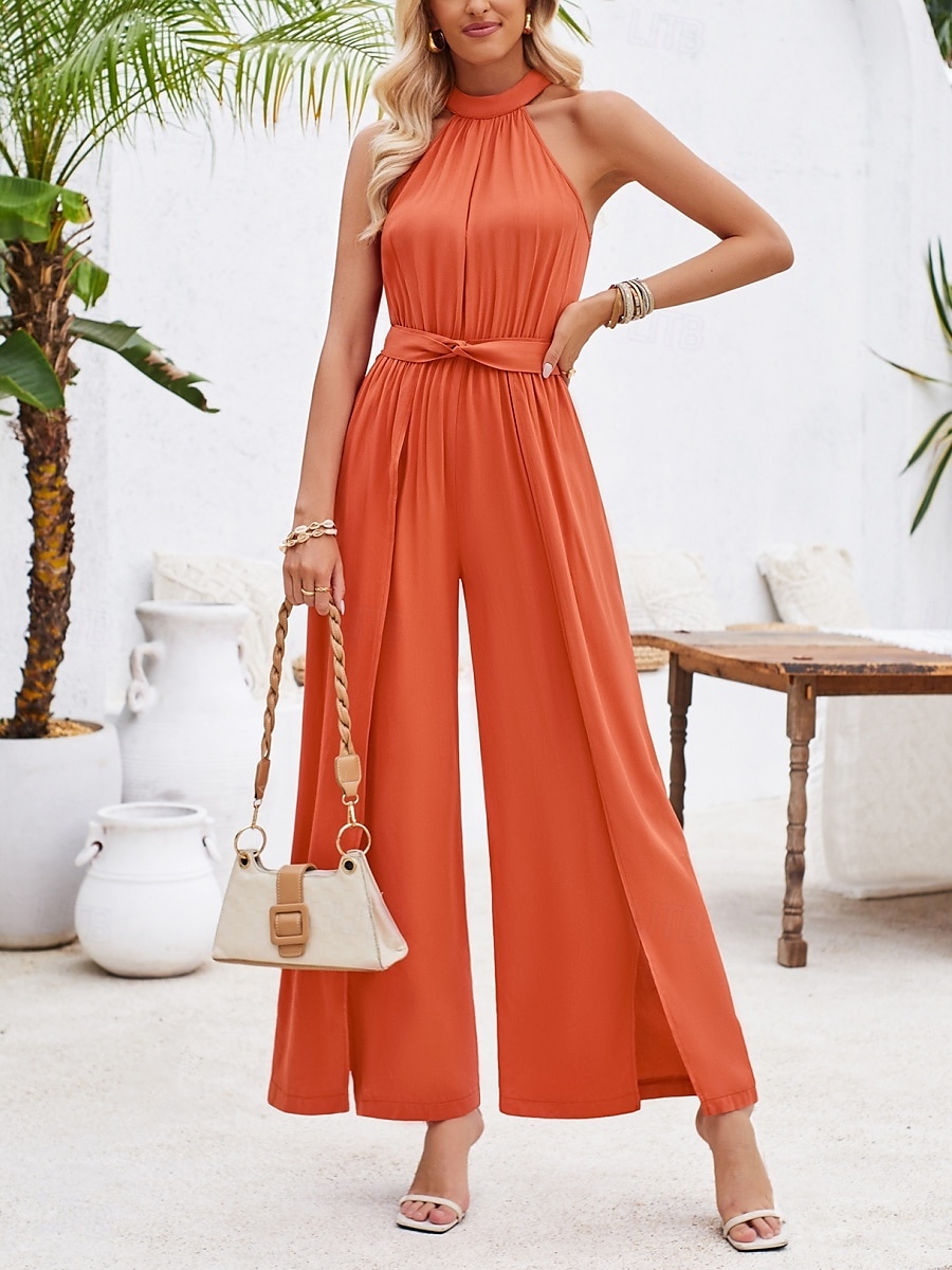 Women's Normal Jumpsuit Active Solid Color Sleeveless Halter Neck High Waist Tie Belt Vacation Daily Regular Fit Red Green Summer 2025 - $42.99 –P7