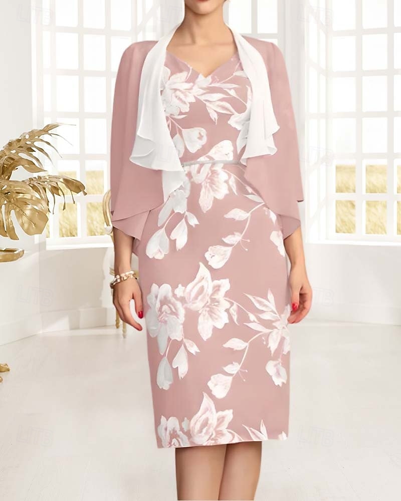 Robe mère de la mariée deux pièces robe fourreau  colonne élégante vintage col en V longueur thé chiffon dentelle florale appliquée à manches 3/4 avec veste ruchée robe de jour de course de 2025 ? $135.99 –P7