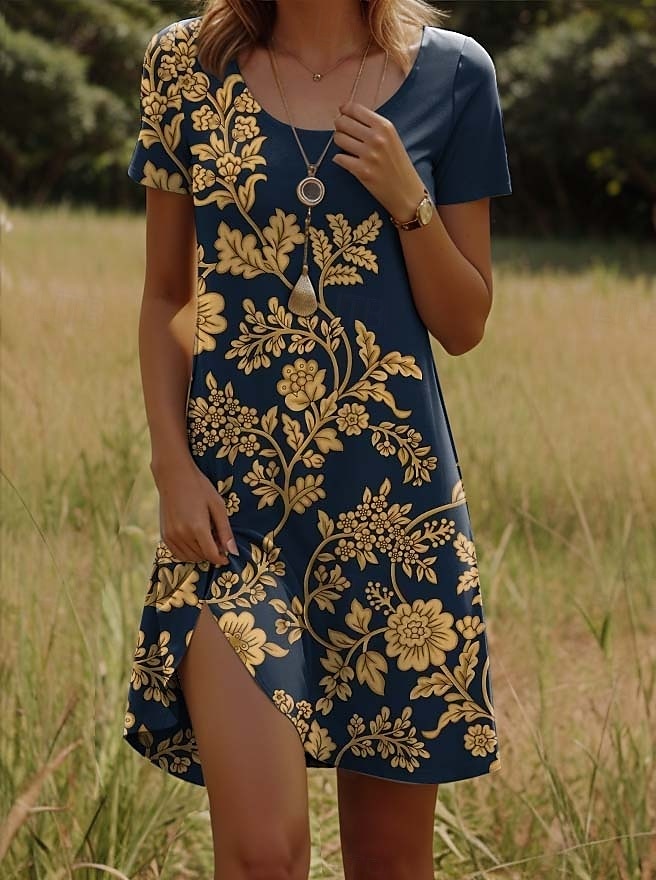 Damen Mini Kleid Lässig Kleid Petite Kleid T-Shirt Kleid Tee Kleid Sommerkleid Lässig Urlaub Lässig Täglich Reguläre Passform Floral Kurzarm Rundhals Blau Dunkelblau Sommer 2025 - $23.99 –P1
