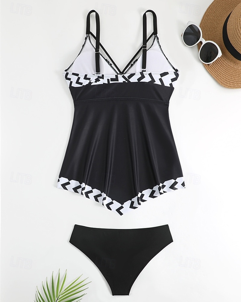 Dames Tankini Tweedelig zwempak V-hals Zwemkleding Zwemkleding Zwart / Wit Wit Ademend Sneldrogend Lichtgewicht Mouwloos - Zwemmen Surfen Strand Zomer Lente Grote maten 2025 - $25.99 –P15